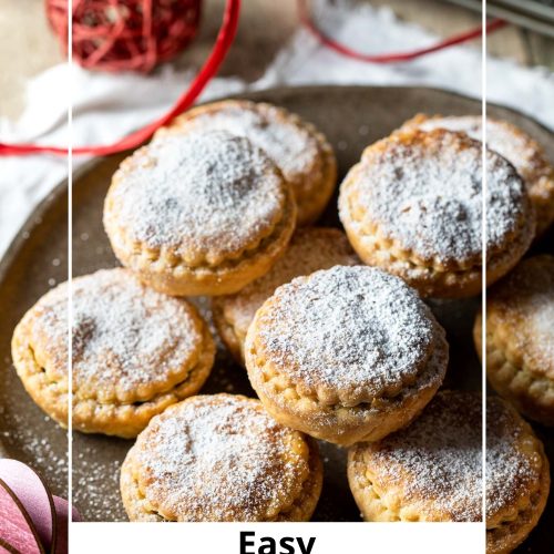 Fruit mince pies on a plate dusted with icing sugar, with a text overlay to create a pin for Pinterest.