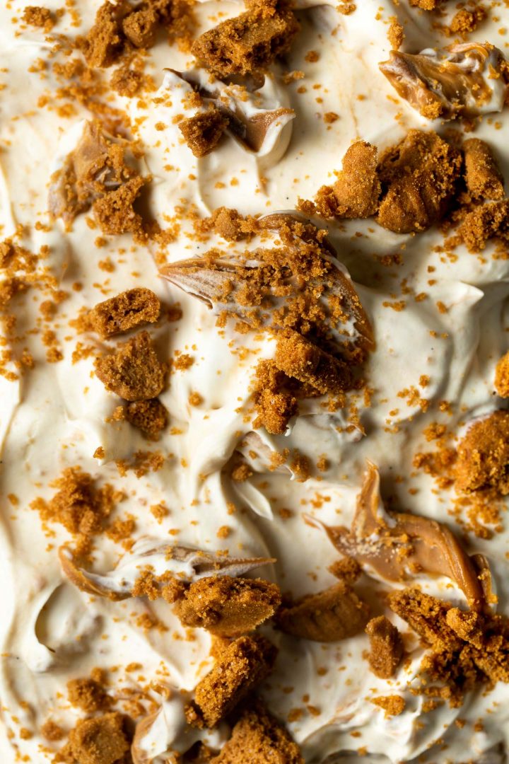 Close up of Biscoff ice cream in the tub swirled with Biscoff cookie butter and topped with crushed Biscoff cookies.