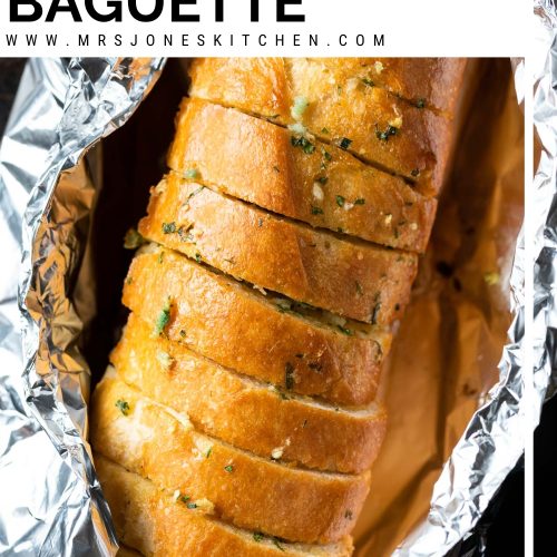 Freshly baked garlic bread baguette in foil with a text overlay to create a pin for Pinterest.