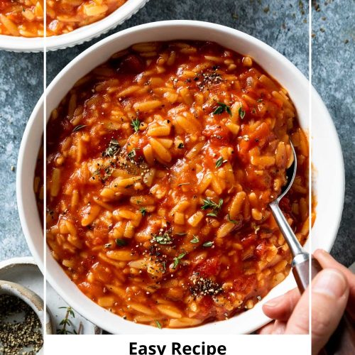 A bowl full of Greek tomato orzo being eaten with a spoon, with text overlay to create a pin for Pinterest.