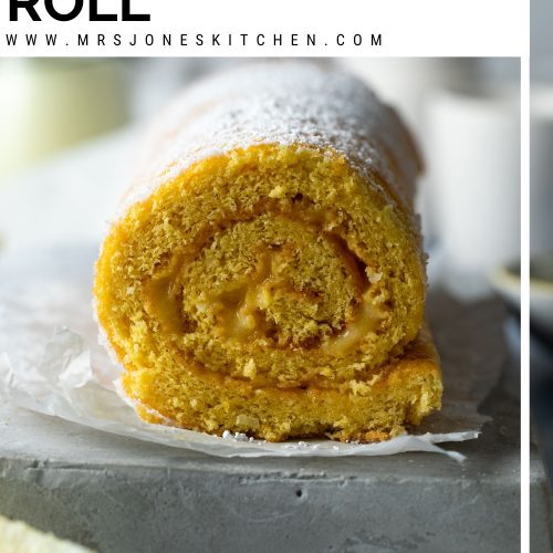 A side view of a sliced lemon Swiss roll with text overlay to create a pin for Pinterest.