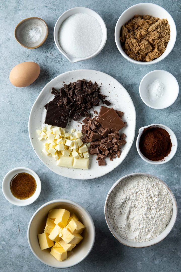 Ingredients needed to make the cookies weighed out and placed in individual bowls.