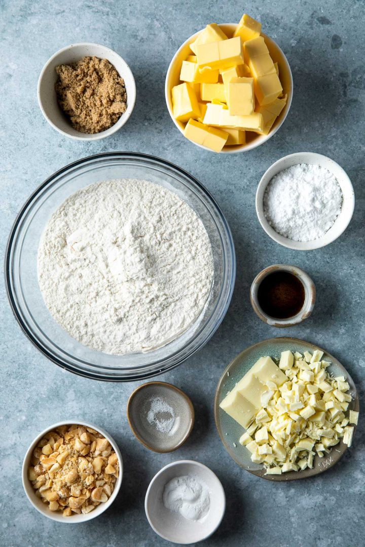 Ingredients needed to make the cookies weighed out and placed in individual bowls.