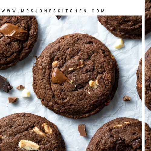 Triple chocolate cookies on white background with text overlay to create a pin for Pinterest.