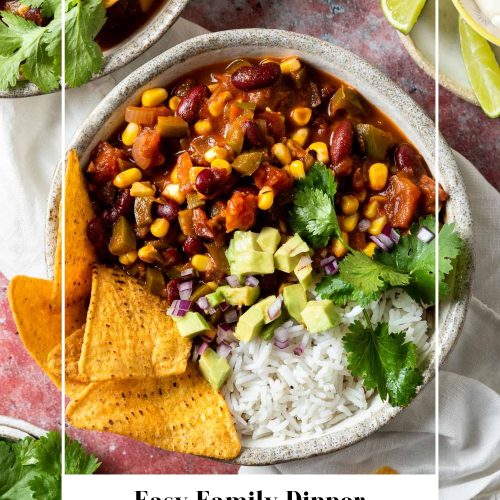 A bowl of vegetarian chilli with text overlay to create a pin for Pinterest.