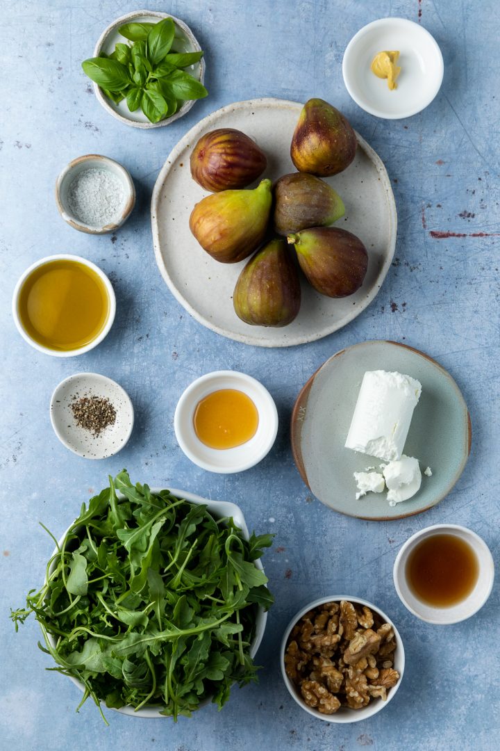 Ingredients needed to make the salad weighed out and placed on individual plates.