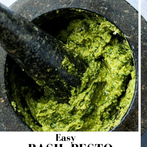 Basil pesto in pestle and mortar with text overlay to create a pin for Pinterest.