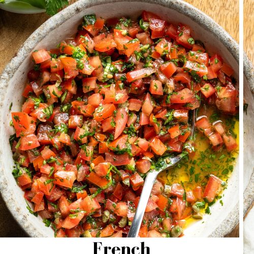 A bowl of sauce vierge with a text overlay to create a pin for Pinterest.