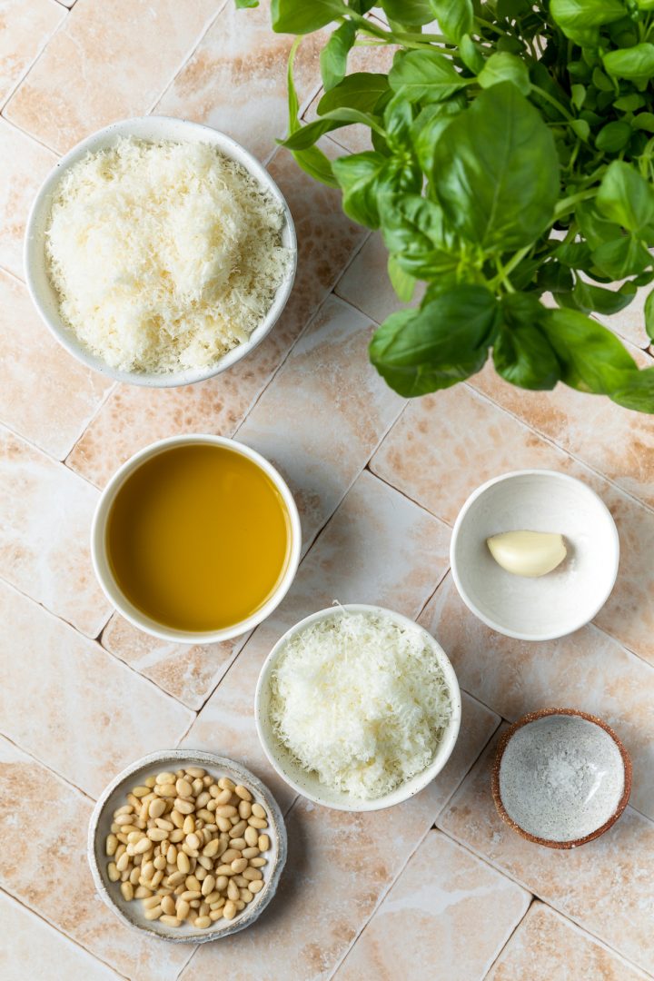 Ingredients needed to make pesto measured out and placed in individual bowls.