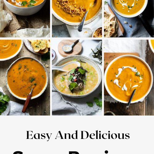 6 pictures of different soups to create a pin for Pinterest with soup recipes.