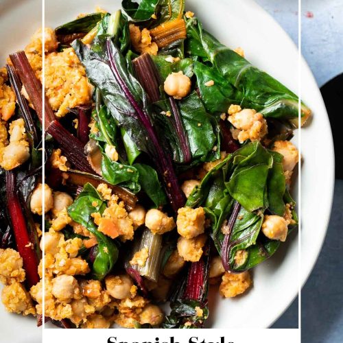 Bowl of silverbeet and chickpeas with text overlay to create a pin for Pinterest.