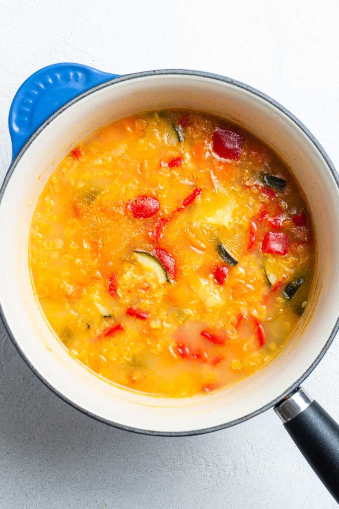 The cooked soup before being blended until smooth.