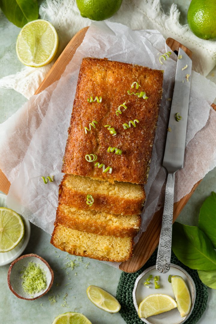 Overhead photo of the sliced lime cake.