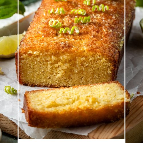 Sliced lime drizzle cake with a text overlay to create a pin for Pinterest.
