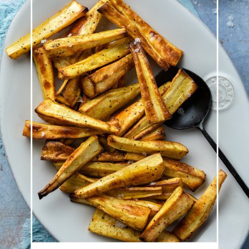 A plate of roasted parsnips with text overlay to create a pin for Pinterest.