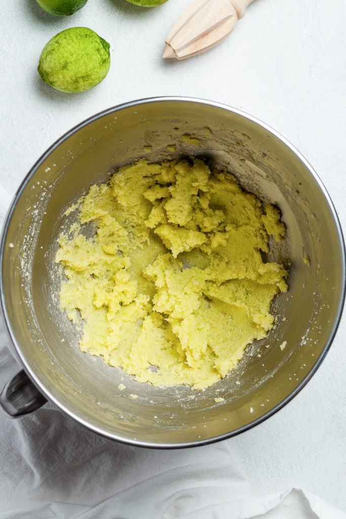 The beaten butter, sugar and lime zest.