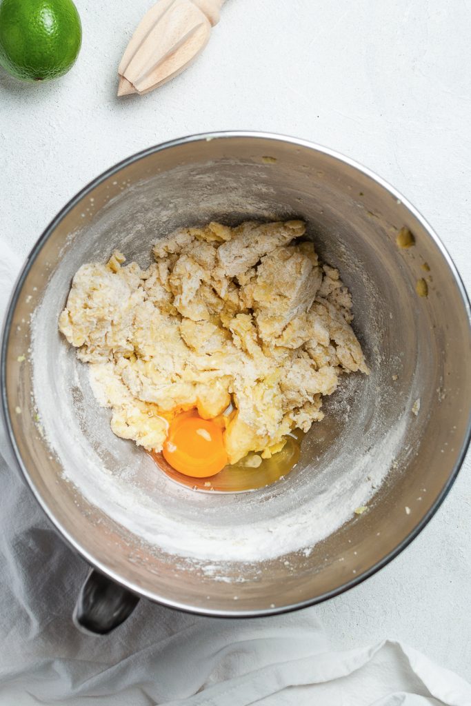 An egg and flour added to the butter mixture.