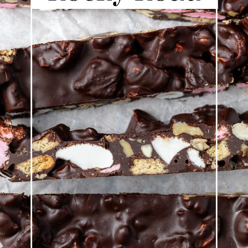 Close up of sliced rocky road with text overlay to create a pin for Pinterest.