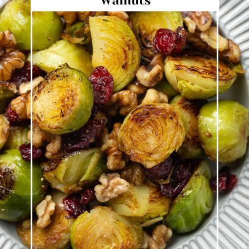 Pin for pan-fried Brussels sprouts with the finished dish on a plate with text overlay.