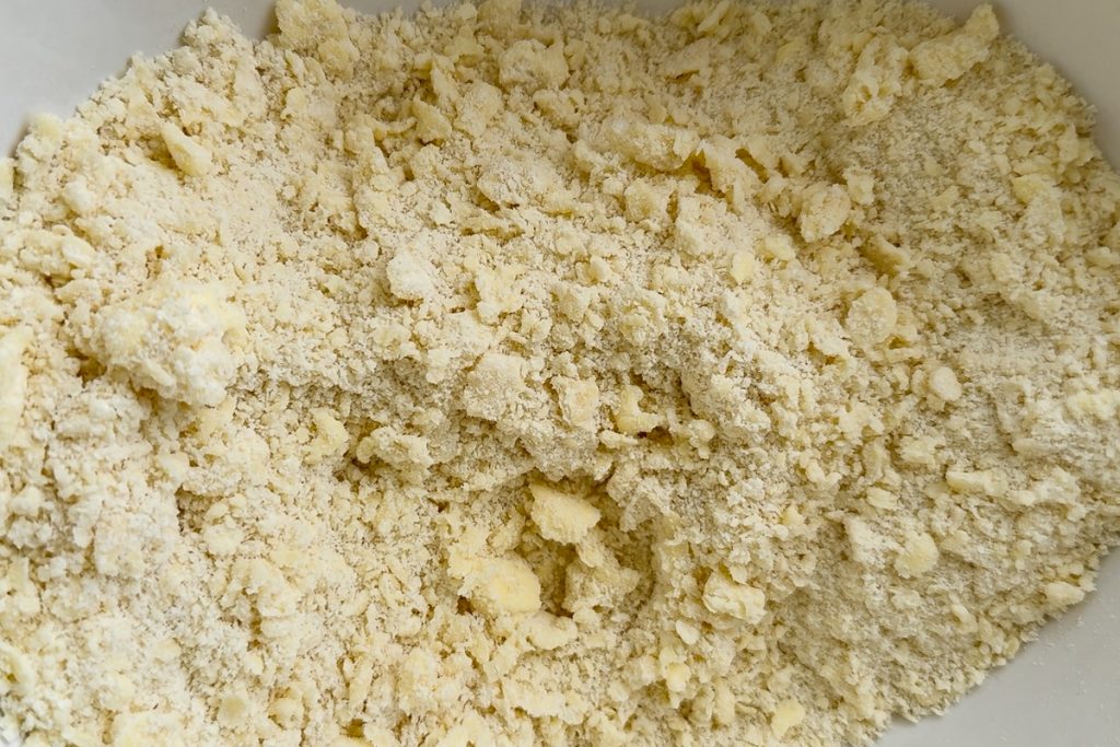 The butter rubbed in to the flour to resemble breadcrumbs.