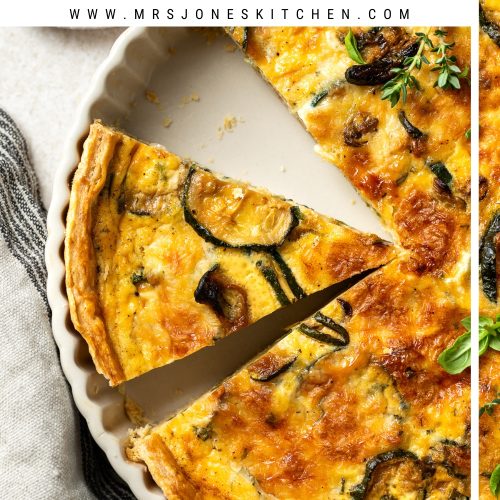 Close up of baked courgette quiche with text overlay to create a pin for Pinterest.