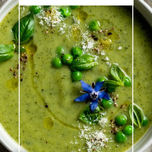 Close up of courgette soup in a bowl, with text overlay to create a pin for Pinterest.