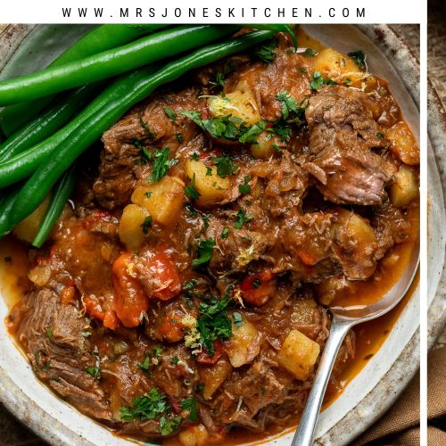 A bowl of German goulash served with green beans, with a text overlay to create a pin for Pinterest.