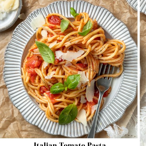 A plate of Italian tomato pasta with text overlay to create a pin for Pinterest.
