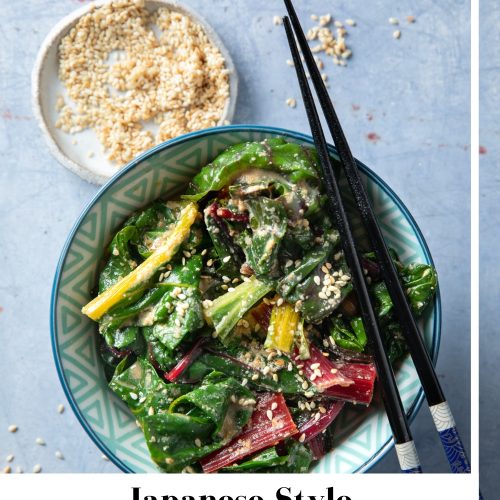 A bowl of sesame miso silverbeet with chopsticks.