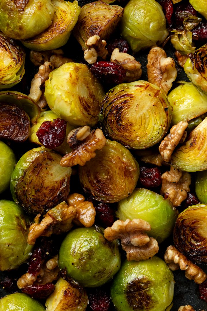 Close up of the finished fried Brussels sprouts.