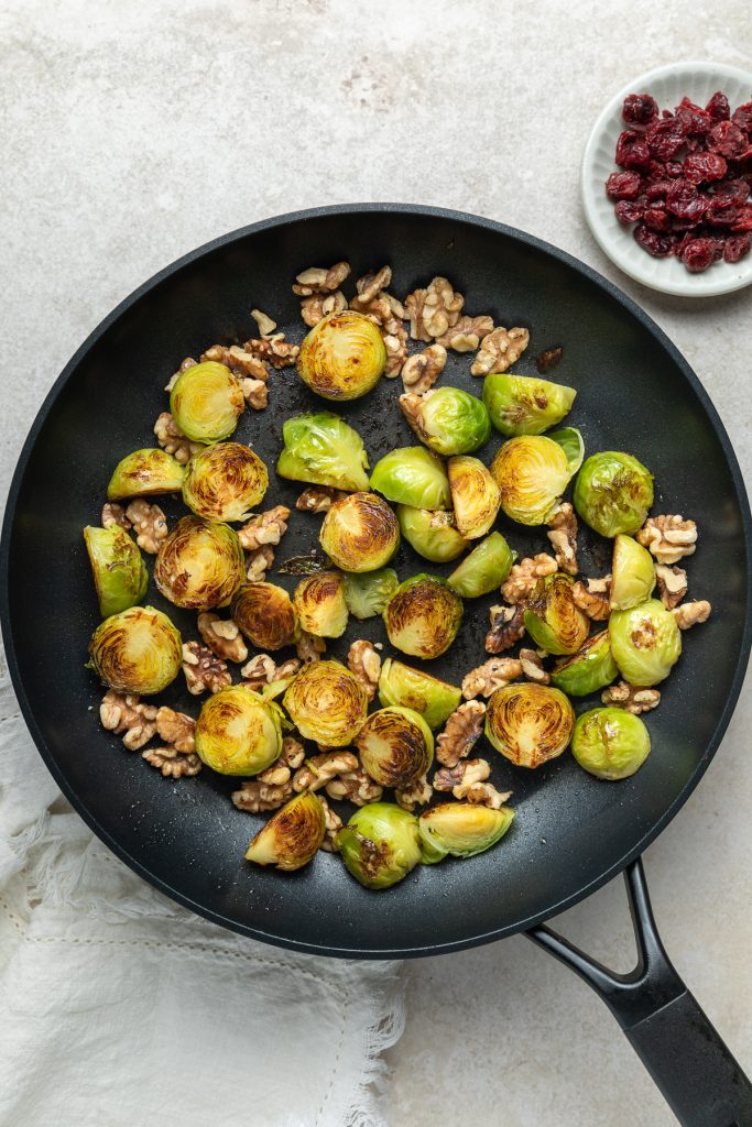 The browned Brussels sprouts with the toasted walnuts.
