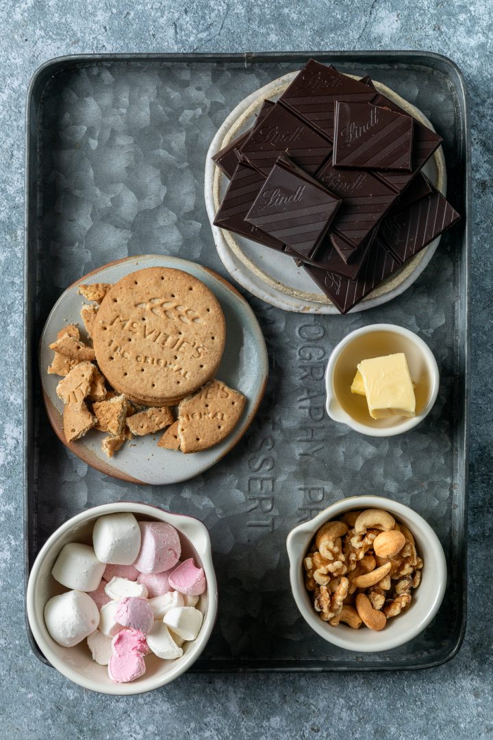The ingredients needed to make the recipe measured out and placed in individual bowls and plates.