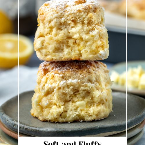 A stack of two white chocolate and lemon scones with text overlay to create a pin for Pinterest.