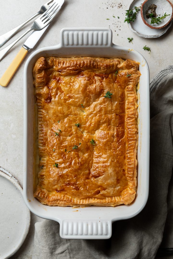 The baked chicken and leek pie in the baking dish.