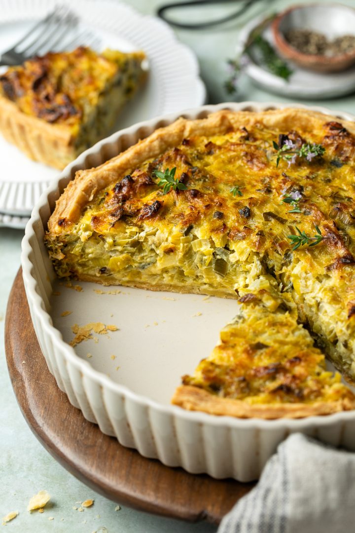 Side view of the tart to show the leek filling.