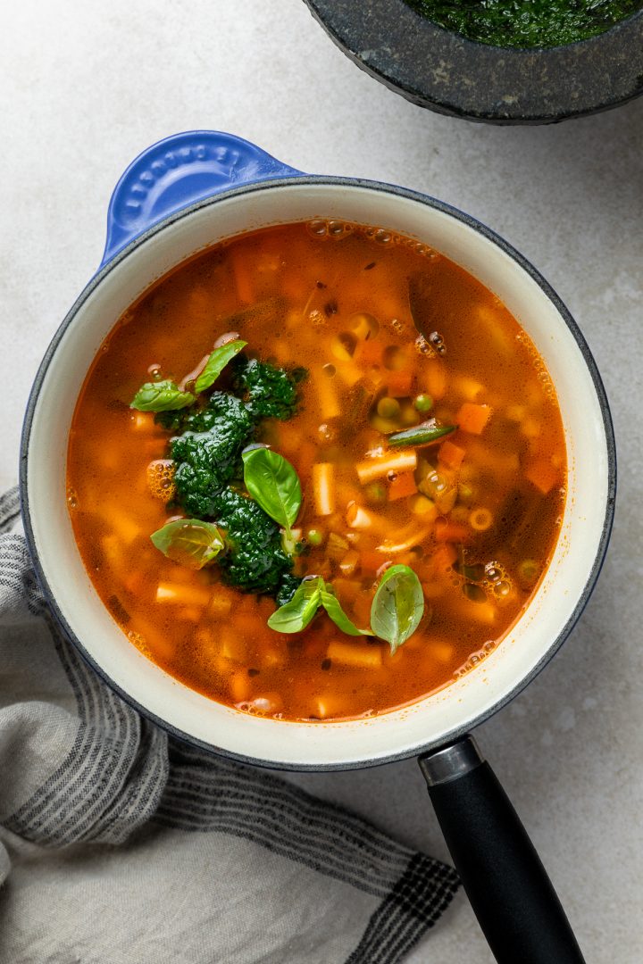 Pistou soup in a saucepan.
