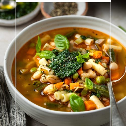 A bowl of pistou soup with text overlay to create a pin for Pinterest.