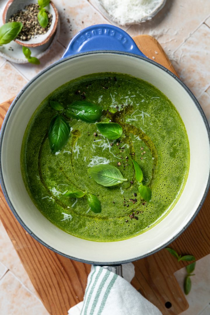 Close up of the finished Swiss chard (Silverbeet) soup in a saucepan.