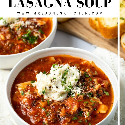 A bowl of lasagna soup topped with ricotta, with a text overlay to create a pin for Pinterest.