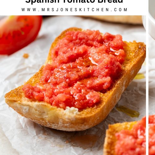 A slice of toasted bread topped with pureed fresh tomatoes, with a text overlay to create a pin for Pinterest.