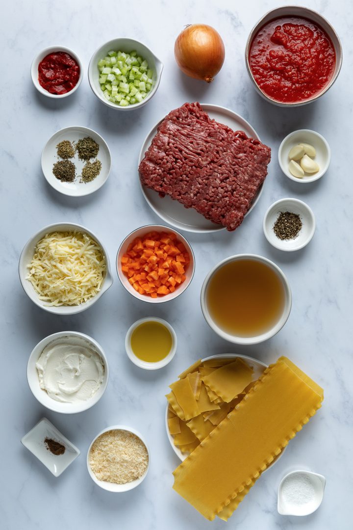 Ingredients needed to make the recipe weighed out and placed in individual bowls.
