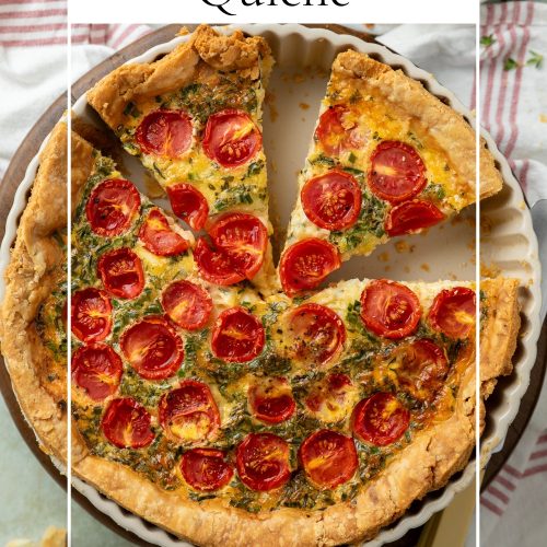 Tomato quiche in a baking dish with text overlay to create a pin for Pinterest.