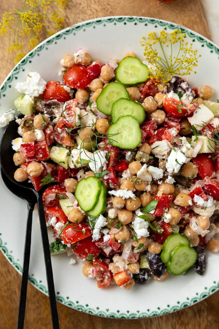 Close up of the chickpea salad in a serving bowl.