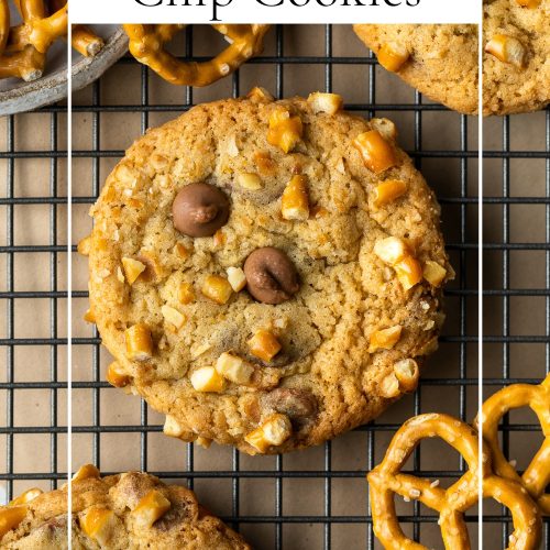 Chocolate chip and pretzel cookie on wire rack with text overlay to create a pin for Pinterest.