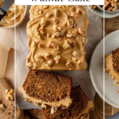 Sliced coffee walnut loaf cake with text overlay to create a pin for Pinterest.