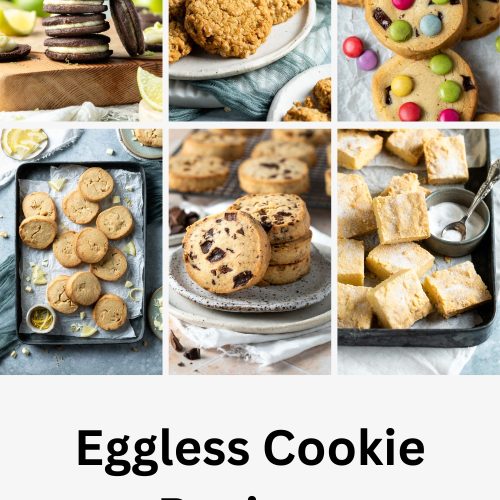 A collage of 6 different egg free cookies to make a pin for Pinterest for eggless cookies recipes.