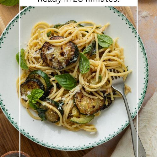 A plate of courgette pasta with text overlay to create a pin for Pinterest.