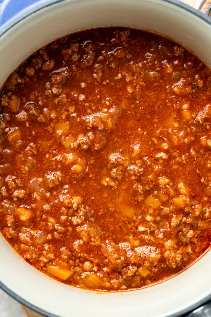 Close up of the finished meat sauce in the pan.