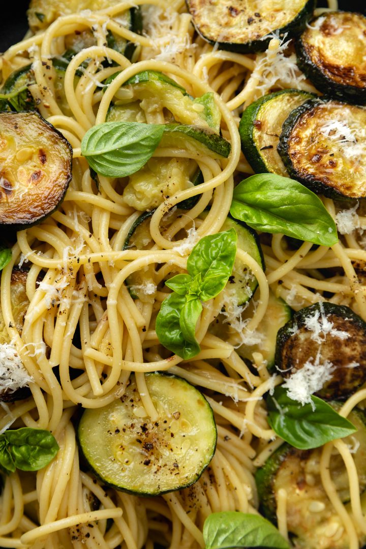 Close up of the finished courgette pasta in the pan.