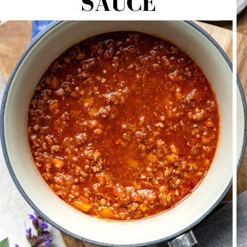A saucepan of Italian meat sauce with text overlay to create a pin for Pinterest.
